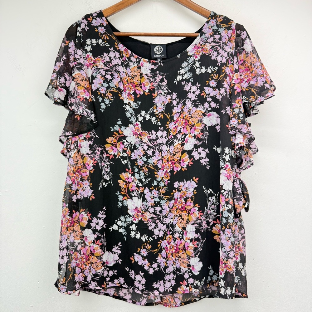 NWT Bobeau size XL Women’s Black Floral Ruffle Flutter Sleeve Layered Blouse